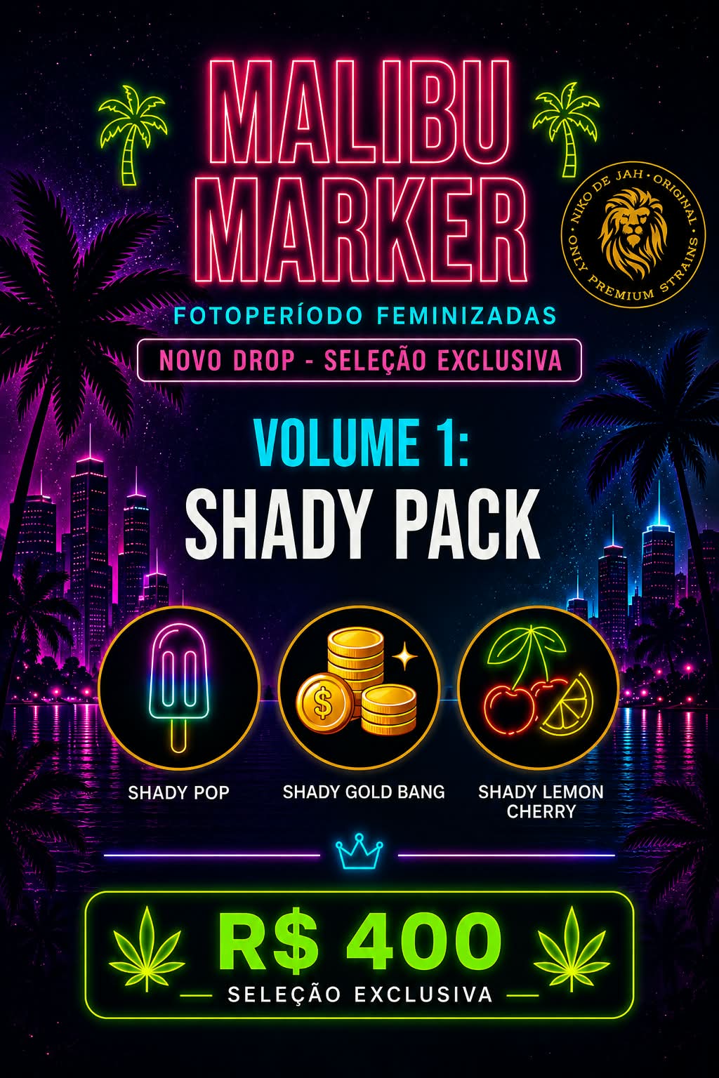 Cada volume contém 3 genéticas diferentes. 5 sementes de cada genética × 3 genéticas = 15 sementes por pack. Ou seja: 1 VOLUME = 15 SEMENTES 3 GENÉTICAS × 5 UNIDADES DE CADA